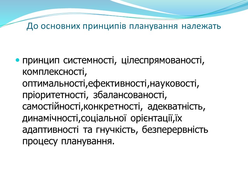 До основних принципів планування належать  принцип системності, цілеспрямованості, комплексності, оптимальності,ефективності,науковості, пріоритетності, збалансованості, самостійності,конкретності,